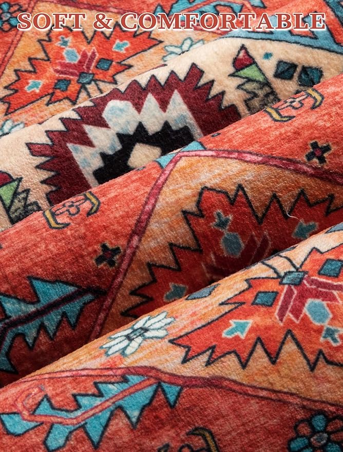 SERISSA Runner Rug for Hallways, 2'6"x12' Washable Non Slip Kitchen Runner Rug, Extra Long Boho Rug Ultra Soft Vintage Orange Print Floor Carpet for Bedroom Hallway Entryway Bathroom Laundry Room
