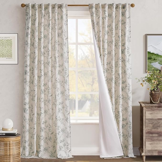 jinchan Floral Curtains Lined Linen Blend Curtain for Living Room 96 Inch Length Grey Flower Farmhouse Curtains French Country Gray Patterned Curtain Drapes Back Tab Rod Pocket 2 Panels