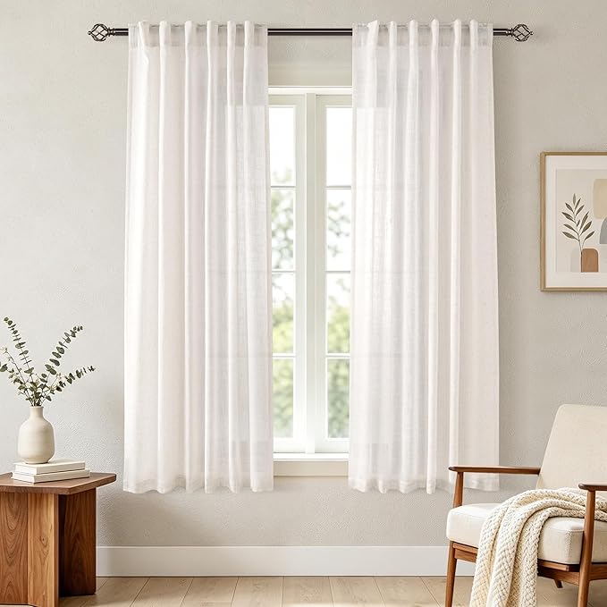 Cream Linen Curtains 63 inch Length 2 Panel Set for Living Room Back Tab Rod Pocket Semi Sheer Light Filtering Bedroom Window Curtain 63 inch Long Modern Farmhouse Neutral Ivory Linen Drapes 42x63