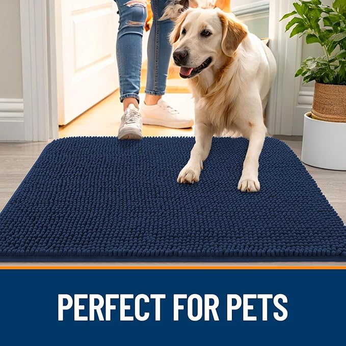 OLANLY Dog Door Mat for Muddy Paws 70x24, Absorbs Moisture and Dirt, Absorbent Non-Slip Washable Doormat, Quick Dry Chenille Mud Mat for Dogs, Entry Indoor Entryway Carpet for Inside Floor, Dark Blue