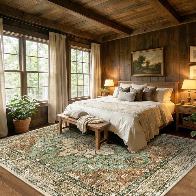 Area Rugs 10'x12' Washable Non-Slip, Floral Vintage Distress Print Pattern Medallion Carpet for Living Room Bedroom Dining Room, Brick Red Rust Neutral Brown Burnt Orange Green