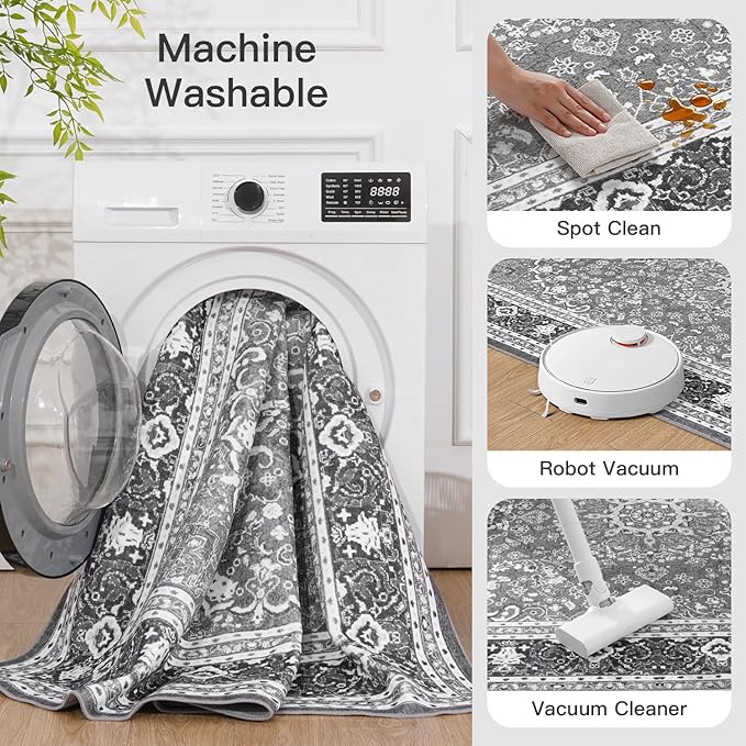 Lofus 9x12 Area Rugs for Living Room, Machine Washable Non-Slip Area Rug, Low Pile Large Rugs for Bedroom, Kitchen, Dining Room, Home Office, Vintage Oriental Print Rug, Light Grey with White