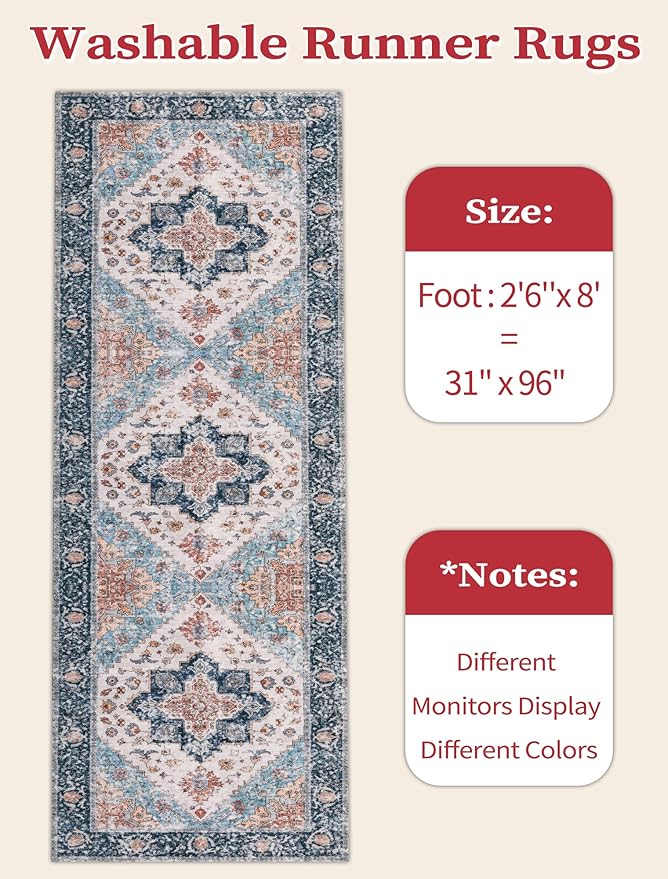SERISSA Boho Washable Runner Rug, 2'6"x8' Non-Slip Vintage Blue Orange Hallway Kitchen Runner Rug Ultra Soft Print Distressed Tribal Floor Carpet for Bedroom Bathroom Laundry Room