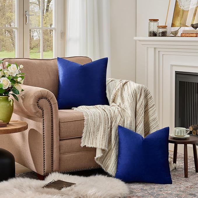 GIGIZAZA Blue Decorative Velvet Pillow Covers, 16x16 Small Square Couch Throw Pillows Solid Pillowcases for Bedroom Set of 2 Home Decor Living Room Super Soft Cushion Covers