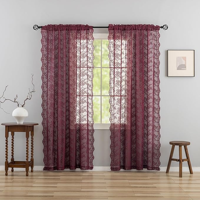 YJ YANJUN Vintage Lace Curtains 72 Inch Length -Dark Maroon Curtains for Bedroom Retro Floral Voile Sheer Panels with Scalloped Edge Rod Pocket Privacy Farmhouse 60s 70s Decor Burgundy W52 X L72