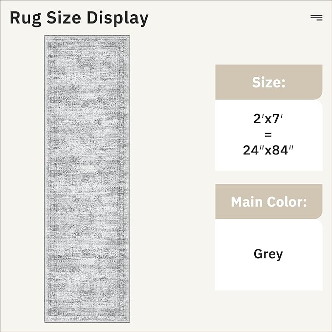 Runner Rug 2x7 Washable Non-Slip Hallway Runner Rugs for Kitchen Bathroom Laundry Room Grey Vintage Floor Carpet Runners for Hallways Entryway