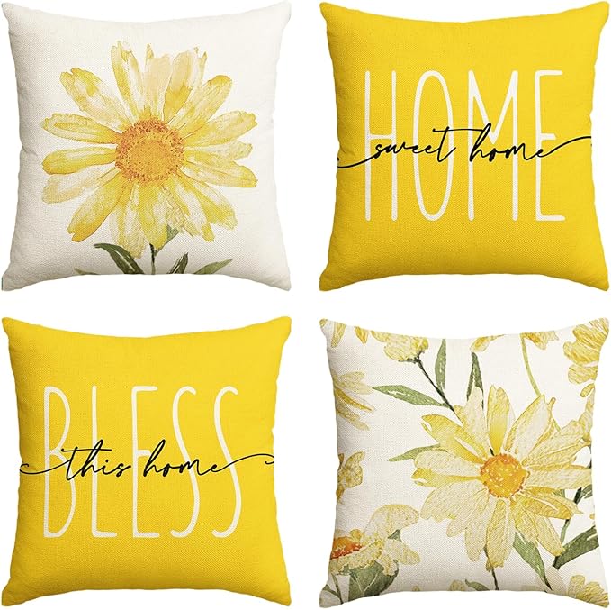 AVOIN colorlife Home Sweet Home Spring Summer Flowers Yellow Throw Pillow Covers, 16 x 16 Inch Cushion Case for Sofa Couch Set of 4
