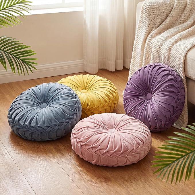 Kathfly Set of 4 Decorative Round Pleated Throw Pillows, Classy Velvet Pumpkin Round Throw Pillows, Decorative Floor Pillow for Bed Chair Home Sofa Decor, 14" Diameter (Easter Color)