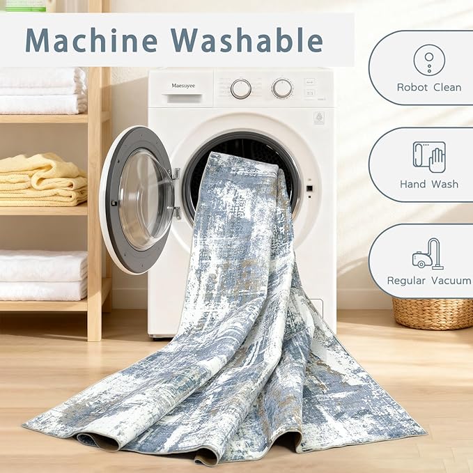Washable Rugs 8x10 Area Rugs for Living Room,Modern Abstract Rugs for Bedroom,Large Carpets,Ultra Soft Faux Wool Dining Room Rug,Non Slip Low Pile Print Rug- Blue- (White-Reddish Brown)