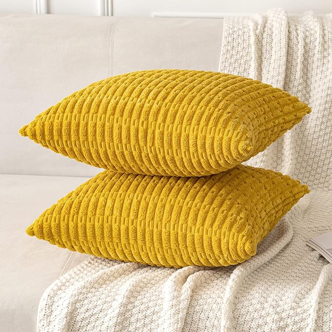MIULEE Pack of 2 Corduroy Decorative Throw Pillow Covers 12x12 Inch Soft Boho Striped Pillow Covers Modern Farmhouse Home Decor for Summer Sofa Living Room Couch Bed Mustard Yellow