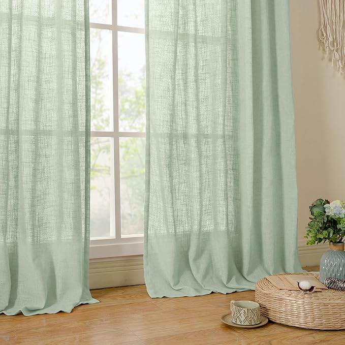 LAMIT Sheer Linen Curtains for Living Room, Back Tab and Rod Pocket Curtains Light Filtering Country Rustic Farmhouse Drapes for Bedroom/Farmhouse, 2 Panels, 52 x 102 Inch, Fresh Green