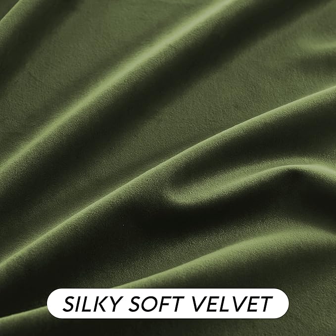 RYB HOME Green Velvet Curtains 84 inch, Solid Room Darkening Window Curtains for Living Room Light & Draft Block Privacy Backdrop with Pleat Tape Pocket& Tabs, Olive Green, W52 x L84 inch, 2 Panels