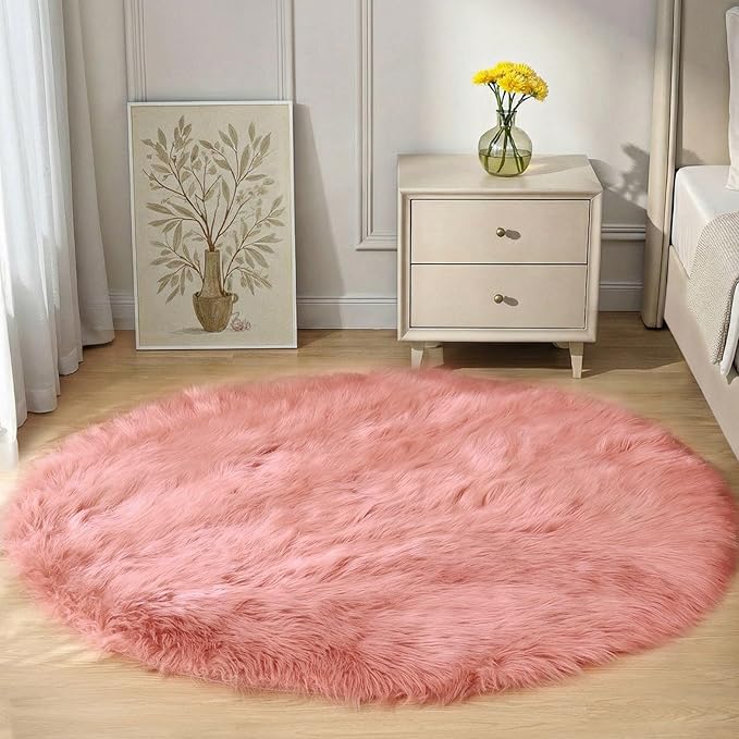 Goolela Pink Circle Rug 4ft for Girls Bedroom Round Fuzzy Fluffy Faux Fur Carpet Living Room Dorm Furry Cute Home Decor