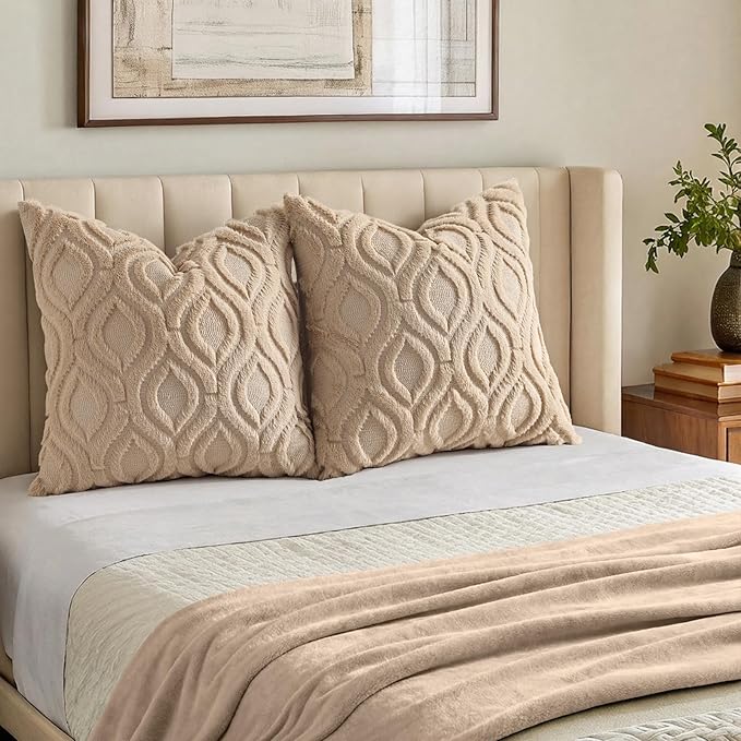 decorUhome Throw Pillow Covers 20x20 Inch Set of 2, Soft Plush Faux Wool Light Khaki Solid Couch Pillow Covers, Accent Farmhouse Neutral Square Pillow Cases for Sofa Bed Living Room
