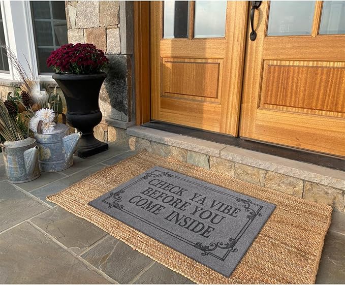 Doormat Home Decor Funny Doormat Check Ya Vibe Before You Come Inside This House Monogram Doormats Indoor Outdoor Rubber Welcome Mat Non-Slip Backing Entry Way Mats 28" x 18" Light Gray