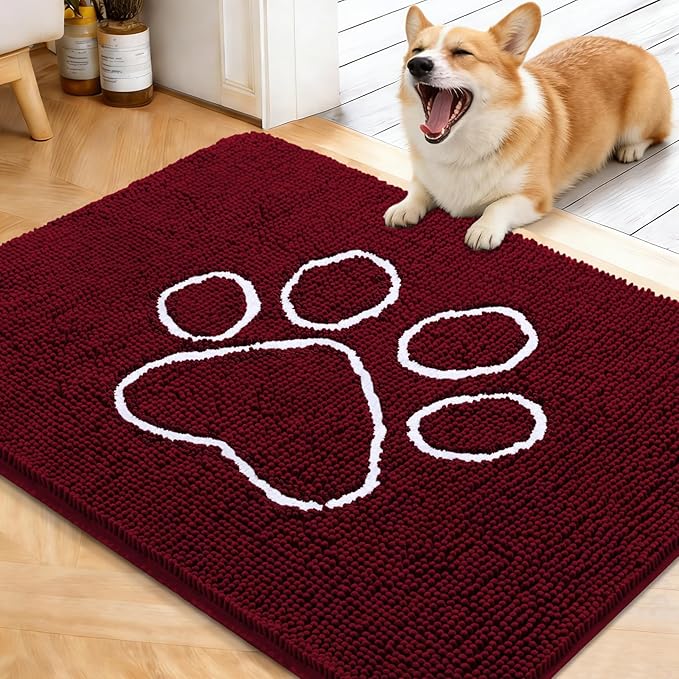 OLANLY Dog Door Mat for Muddy Paws 40x32, Paw Print Design, Absorbs Moisture and Dirt, Absorbent Non-Slip Washable Doormat, Quick Dry Chenille Mud Mat for Dogs, Entry Indoor Entryway Carpet, Burgundy