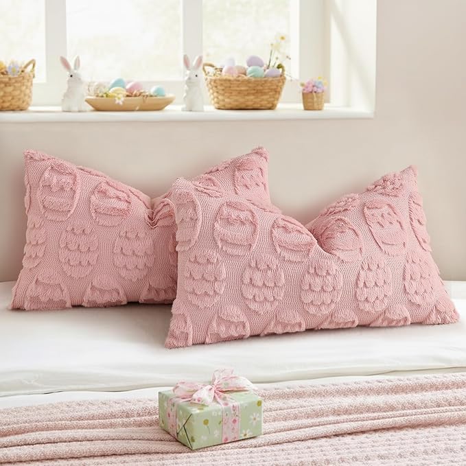 decorUhome Easter Pink Egg Pillow Covers 12x20 Inch Set of 2, Soft Plush Faux Wool Jacquard Cushion Covers, Farmhouse Neutral Fuzzy Spring Easter Holiday Decor for Couch Sofa Bed