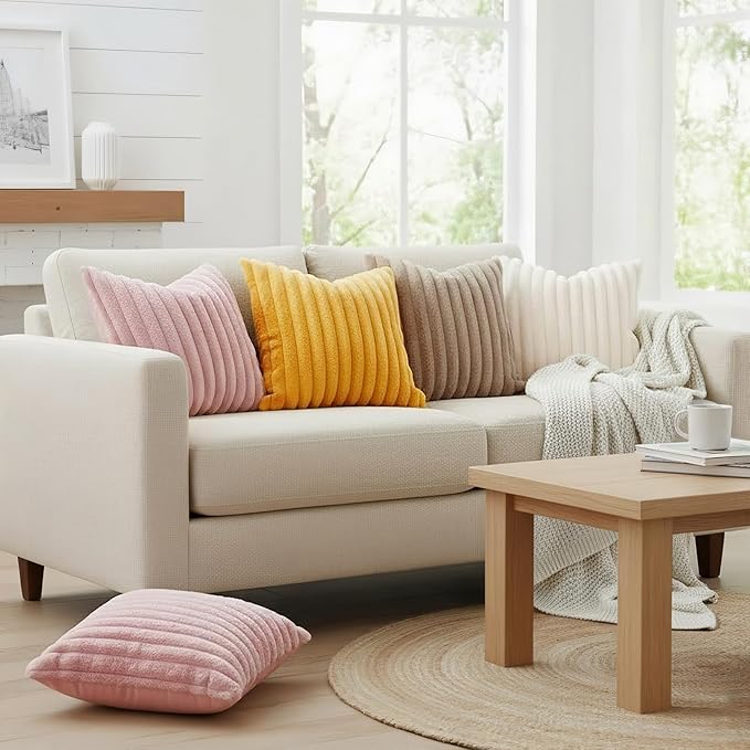 decorUhome Summer Cozy Faux Fur Throw Pillow Covers 20x20 Set of 2 Decorative Soft Plush Striped Modern Farmhouse Boho Couch Pillow Cases with Velvet Back for Sofa Bed Living Room, Cream White