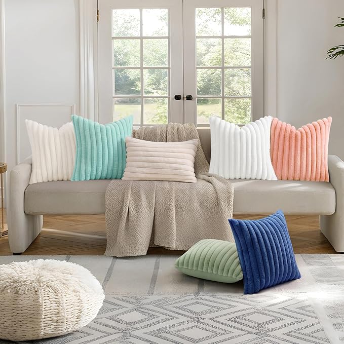 decorUhome Summer Cozy Faux Fur Throw Pillow Covers 24x24 Set of 2 Decorative Plush Striped Modern Farmhouse Boho Couch Euro Sham Pillow Cases with Velvet Back for Sofa Bed Living Room, Blush Pink
