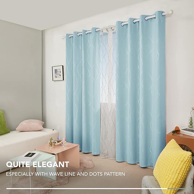 Deconovo Blackout Curtains, Thermal Insulated Soundproof Grommet Drapes, Wave Dot Foil Print, 52 x 108 Inch, Set of 2, Machine Washable Window Panel for Bedroom Living Room Nursery Kitchen, Light Blue