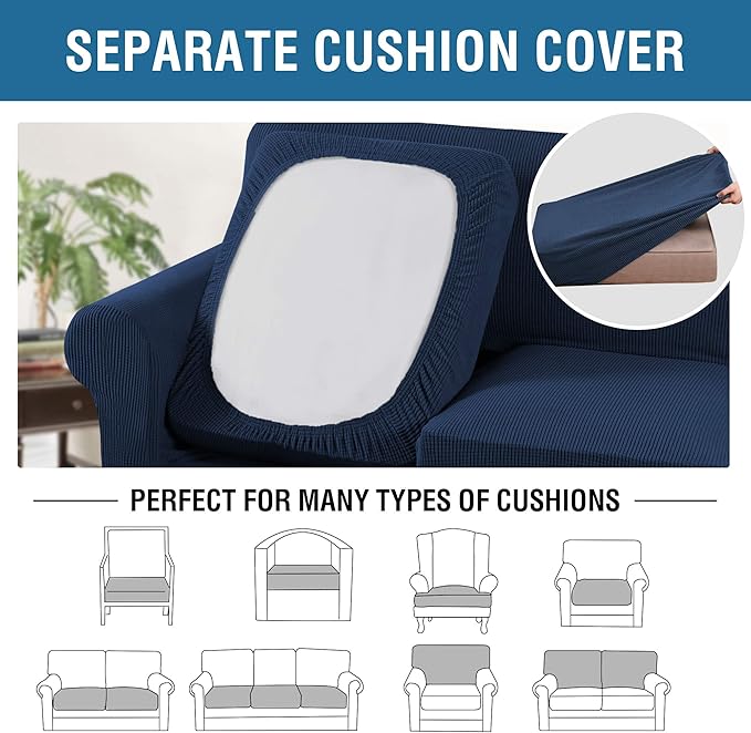 4 Piece Stretch Sofa Covers for 3 Cushion Couch Covers Furniture Slipcovers for Living Room (1 Base Cover Plus 3 Seat Cushion Covers) Thicker Jacquard Fabric Cover (XL Sofa, Navy)