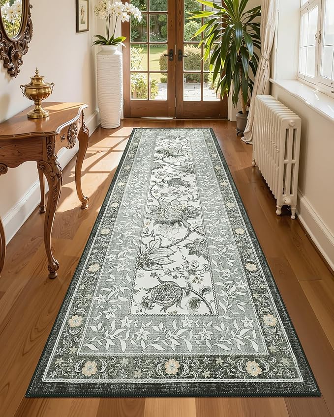GarveeHome Provence Fog 2.5 x 8 Washable Kitchen Runner Rugs Non Slip Vintage Boho Cottage Long Rug for Hallways Bedroom Entryway Bathroom Mat with Rubber Back