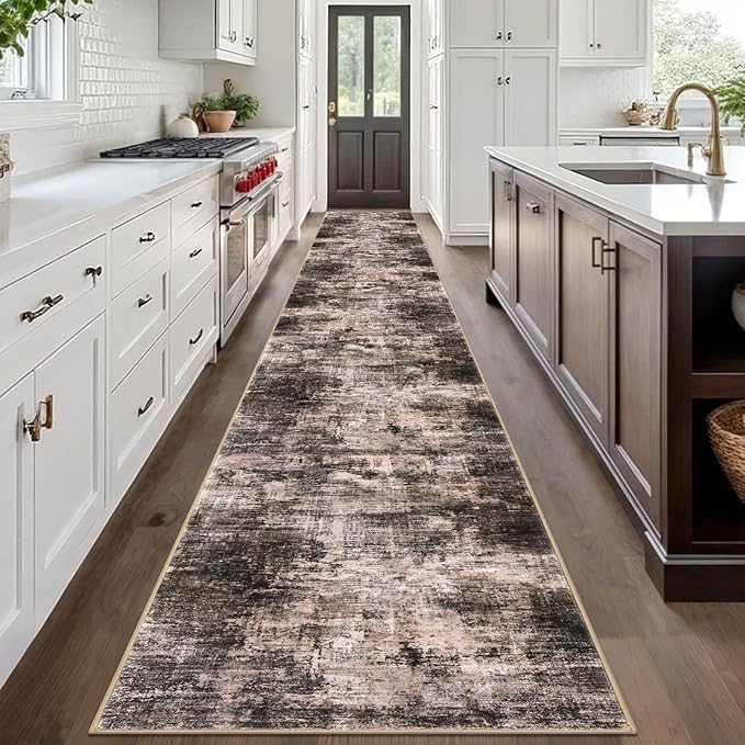 IOHOUZE Abstract Runner Rug 3x20 Ft Extra Long Washable Runners for Hallways, Non Slip Kitchen Runner Printed Faux Wool Entryway Runner Indoor, Modern Abstract Floor Carpet for Hall Stair, Brown/Rust