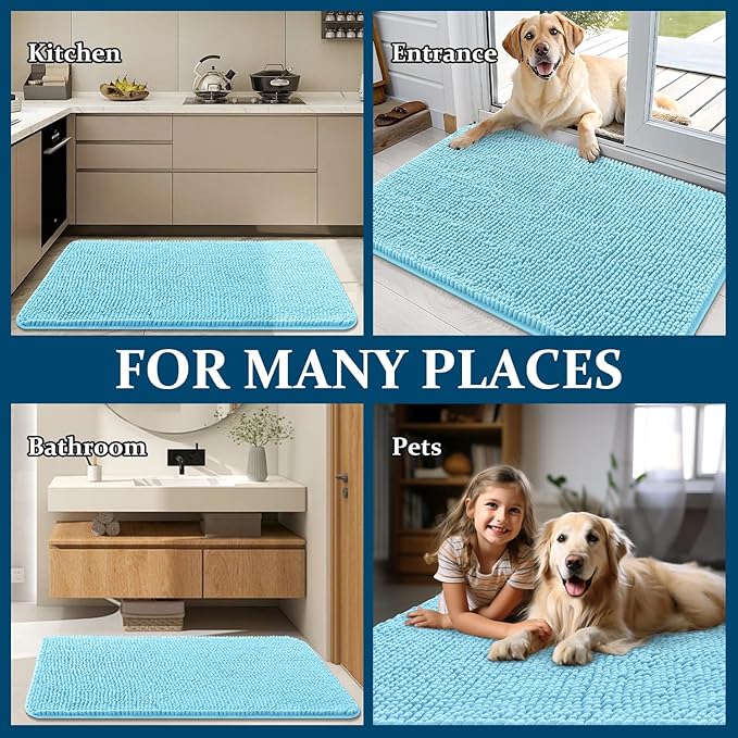 OLANLY Dog Door Mat for Muddy Paws 24x16, Absorbs Moisture and Dirt, Absorbent Non-Slip Washable Doormat, Quick Dry Chenille Mud Mat for Dogs, Entry Indoor Entryway Carpet for Inside Floor, Blue