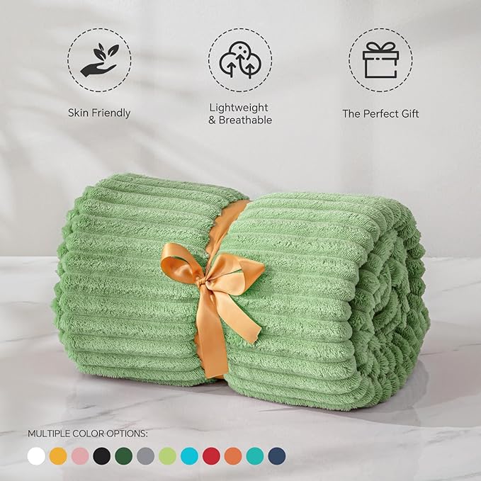 BEDELITE Fleece Throw Blanket for Couch – 3D Ribbed Jacquard Soft and Warm Decorative Fuzzy Blanket – Cozy, Fluffy, Plush Lightweight Sage Green Throw Blankets for Bed, Sofa, 50x60 inches
