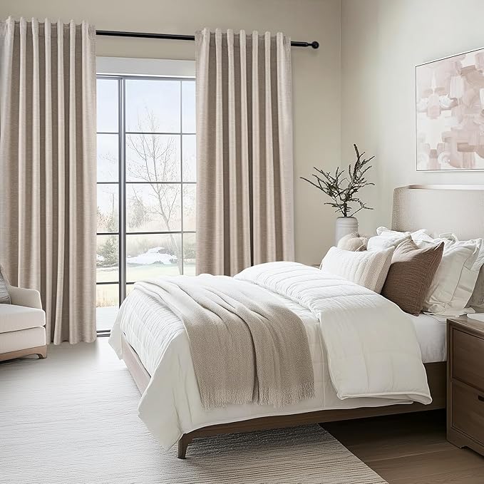 Topfinel Light Blocking Rustic 96 Inch Long Linen Curtains 2 Panel Set, Modern Farmhouse Curtains for Living Room, Room Darkening Tab Top Textured Noise Reduction Drape 8FT Hook&Ring Included