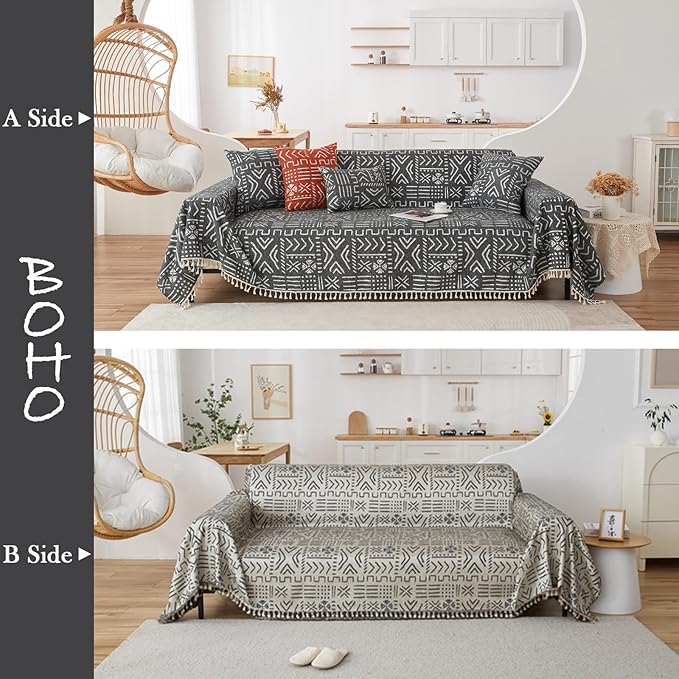 HANDONTIME Black White Boho Sofa Cover Boho Geometric Couch Covers Tassel Farmhouse Dog Sofa Covers for Slipcover Aesthetic Couch Cushion Cover Couch Protector for Dogs Living Room Décor, 71" X150"