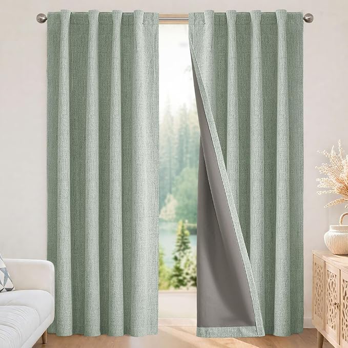 Joydeco Blackout Curtains for Bedroom - 120 Inch Long 100% Light Blocking 2 Panels Sage Green Drapes, Thermal Insulated Room Darkening Curtains, Linen Textured for Living Room, Rod Pocket & Back Tabs
