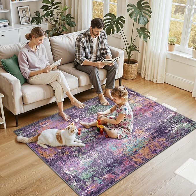 Washable Area Rugs 4'x6' Non-Slip Modern Abstract Soft for Living Room Entryway Bedroom Nursery, Print Pattern, Purple Orange Blue Green Rust Red Colorful