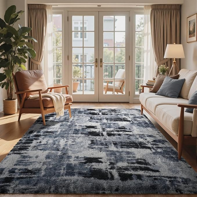 4x6 Ft Shag Rugs for Bedroom Living Room, Tie-Dyed Ultra Soft Fluffy Furry Area Rugs for Indoor Floor, Aesthetic Carpet for Kids Home Decor (Blue)
