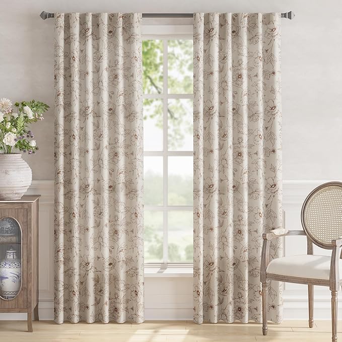 jinchan Floral Linen Curtains for Living Room 84 Inch Length Brown Flower Curtain Rod Pocket Back Tab Farmhouse Curtains with Printed Floral Bedroom Window Curtain Set, 2 Panels Brown