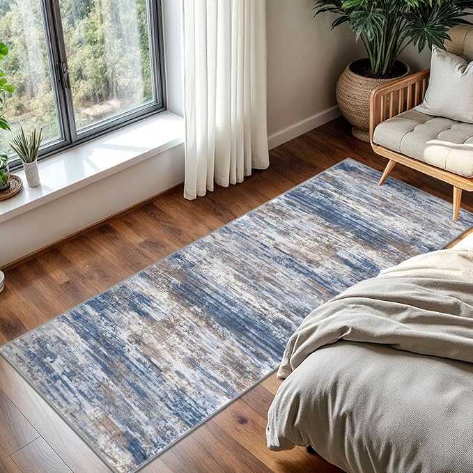 KOZYFLY Kitchen Runner Rug for Hallway Non-Slip Modern Abstract Runner Rug 2x5 Blue Rust, Washable Carpet Runner Laundry Room Mat with Soft Low Pile for Entryway Bathroom Bedroom Kitchen