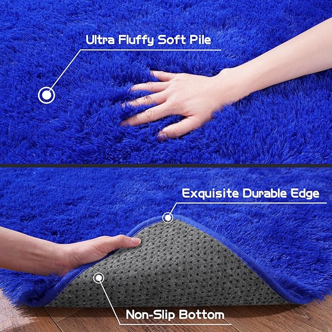Pionblank Fluffy Small Rug for Bedroom 2x3 Feet, Shag Soft Area Rug for Bedside, Modern Plush Cute Carpet for Kids Girls Boys Room Nursery Decor, Royal Blue