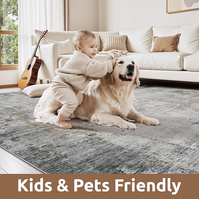 8 x 10 Area Rugs for Living Room, Machine Washable Non Slip Rug Ultra Soft Low Pile Indoor Carpet Modern Abstract Rugs for Bedroom Office Room Dining Room Beside, Grey