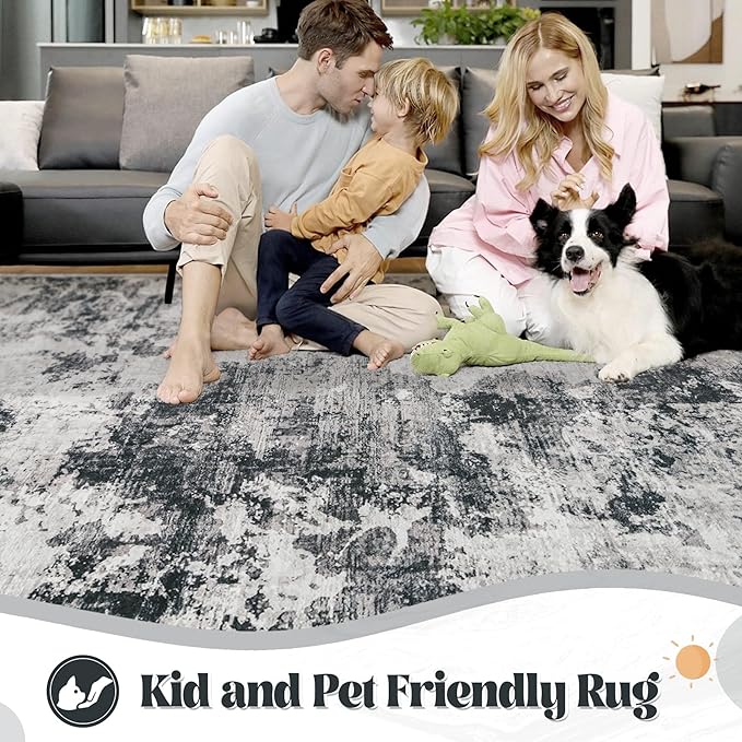 8x10 Area Rugs for Living Room, Washable Modern Abstract Large Area Rug Neutral Soft Non Slip Kids Rug Stain Resistant Indoor Carpet for Bedroom Nursery Dining Room Playroom(Black, 8'x10')