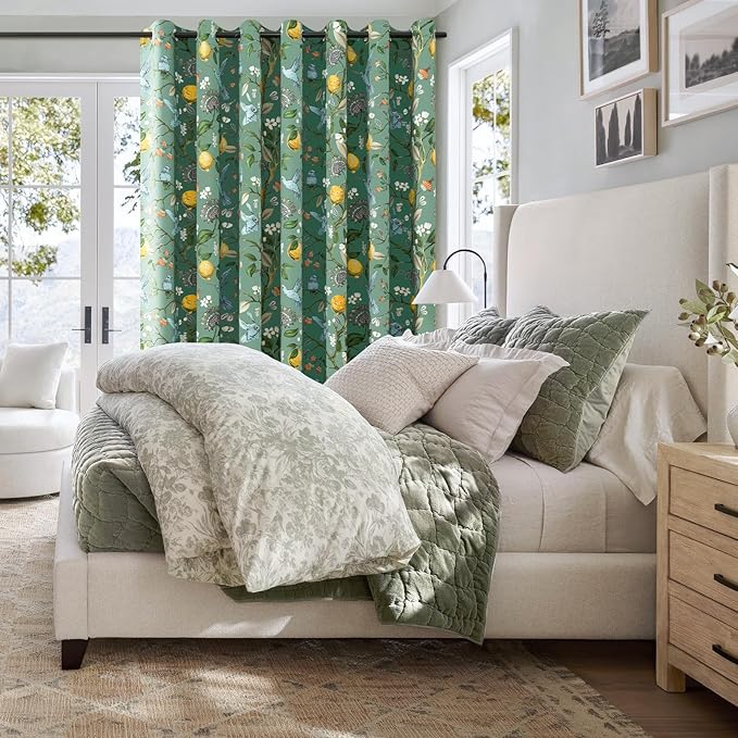 Topfinel Sliding Door Patio Floral Curtains & Drapes, Blackout Extra Wide Room Divider Large Sage Green Vintage Farmhouse Country Hummingbird Patterned Grommet Curtains 1 Single Panels W100 x L84