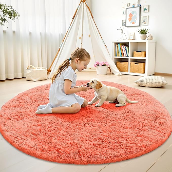 OLANLY Coral Red Round Rugs for Bedroom - Machine Washable, 9 ft Circle Area Rugs for Living Room, Soft and Fluffy Shaggy Carpet for Teen Girl and Boys, Nursery Rooms, Dorms, Home Decor Aesthetic
