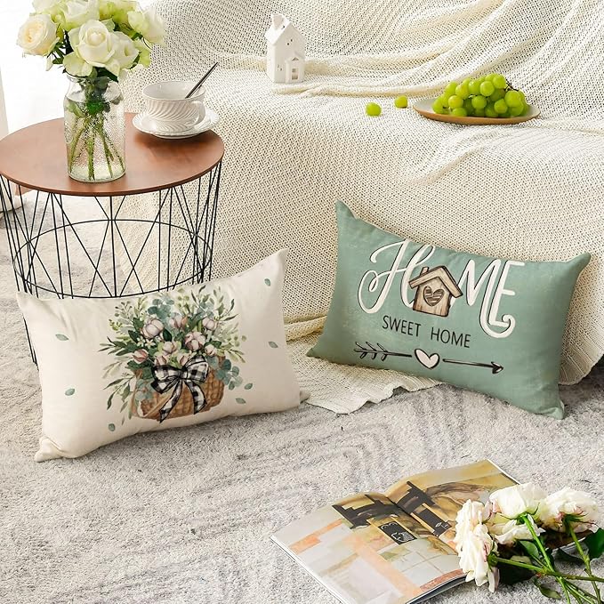 AVOIN colorlife Bless Our Home Farmhouse Eucalyptus Leaves Throw Pillow Covers, 12 x 20 Inch Blue Truck Home Sweet Cushion Case Decorations Set of 4