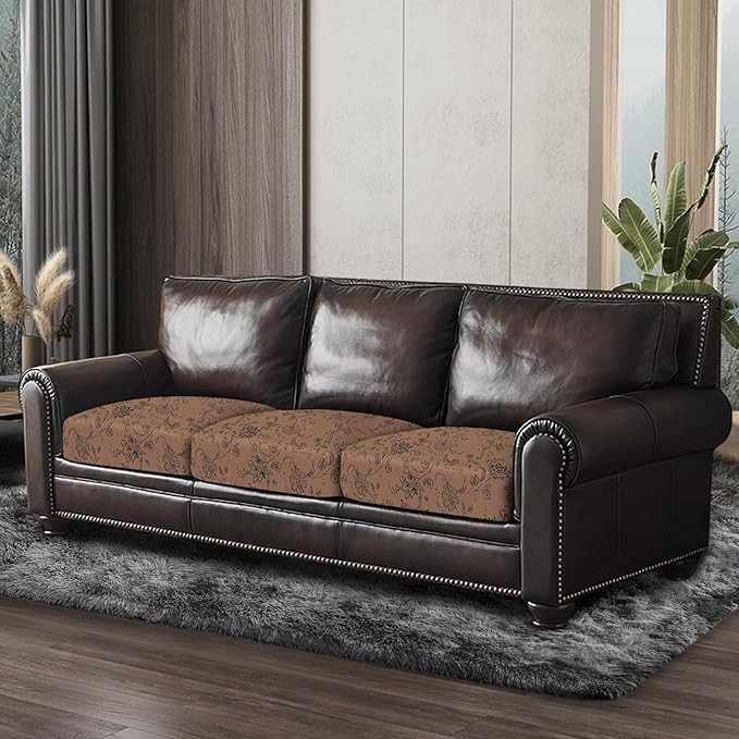 Leather Look Couch Cushion Covers Sofa Seat Slipcovers Sets Couches Furniture Protector for Sectional Armchair Loveseat Pets Kids Stretch Spandex Fabric (3 Cushion Sofa, Brown 02Flower)