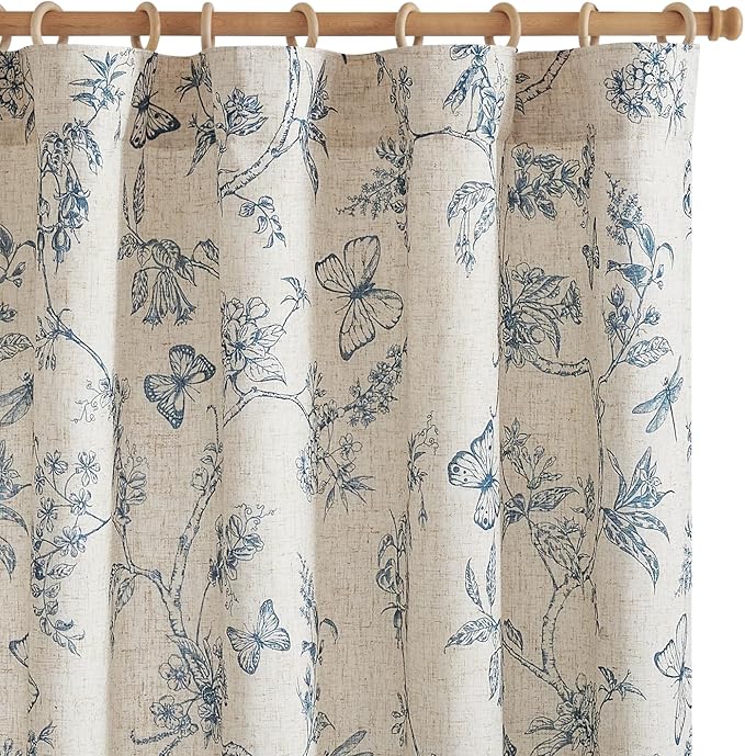 jinchan Floral Curtains Lined Linen Blend Curtain for Living Room 96 Inch Length Blue Flower Patterned Curtain French Country Farmhouse Curtains Drapes Back Tab Rod Pocket 2 Panels