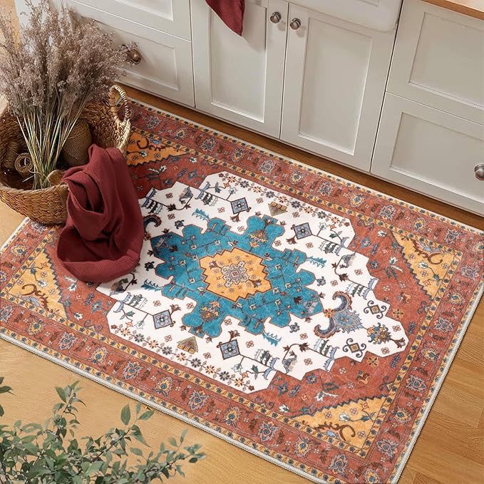 SERISSA Boho Rugs for Entryway, 2x3 Orange Entryway Rug Non-Slip Washable Small Area Rug, Ultra Soft Oriental Vintage Low-Pile Indoor Door Mat Floor Carpet for Entrance Bedroom Kitchen Bathroom