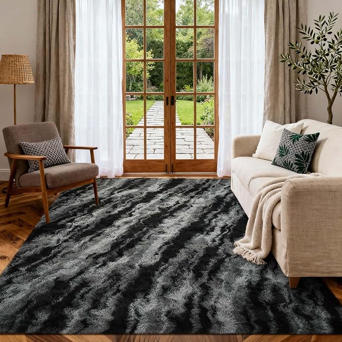 Area Rugs for Living Room, 5x7 Feet Soft Fluffy Shagg Plush Rug High Pile Large Non-Slip Floor Carpet for Bedroom Nursery Dorm Decor Aesthetic Black