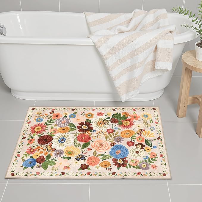 Area Rugs 24x17 Inch Home Decor Entry Rug, Small Door Mat Bath Mats for Bathroom, Ultra-Thin Non Slip Floral Rug Low Pile Tub Mat for Sink Shower Doorway Tub Kitchen Sink(2 x 1.4 ft, Beige)