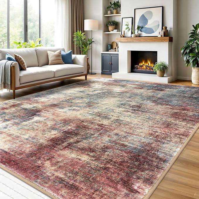 IOHOUZE Abstract Area Rugs 9x12 Ft Washable Large Rugs for Living Room, Non Slip Dining Room Rug, Printed Faux Wool Rugs for Bedroom, Floor Carpet for Office Nursery Playroom, Red/Multi