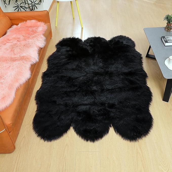 linmopm Faux Fur Rug Sheepskin Shag Fluffy Fuzzy Black 4x6 ft Rugs for Bedroom Bedside Bed Floor Living Room Plush High-Density Cushion Carpet Super Sofa Cover
