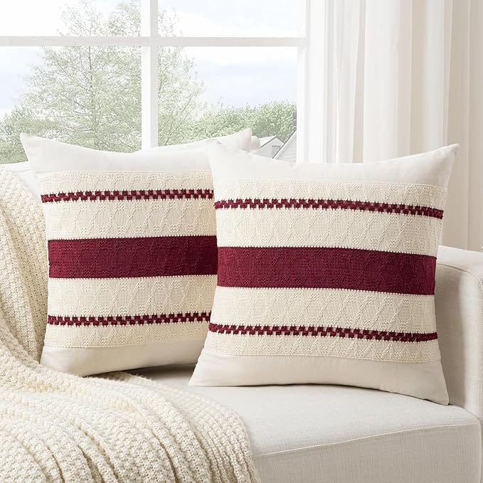 Fancy Homi Set of 1 Burgundy Boho Decorative Throw Pillow Covers 18x18 Inch for Couch Bed Sofa, Aesthetic Modern Farmhouse Christmas Room Decor, Soft Cotton Cute Textured Wind Red Cushion Case